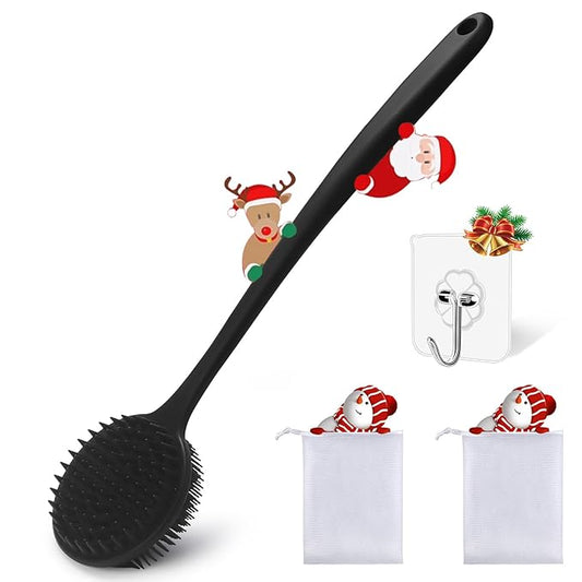 Silicone Body Scrubber for Shower Men Women – Dual-Sided Exfoliating & Massage Shower Brush with Long Handle, Creates Rich Lather, Includes 1 Hook & 2 Lather Balls (Black).
