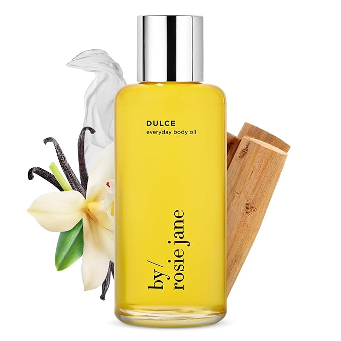 By Rosie Jane Everyday Body Oil (Dulce Fragrance) - Vanilla, Hinoki Wood & Nude Musk Scented Body Care with Sunflower, Olive & Rosehip Seed Oil to Hydrate and Nourish Dry Skin (5 fl oz)