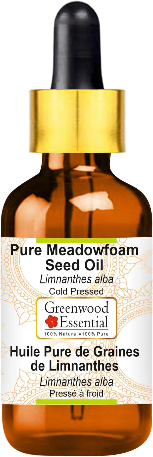 Greenwood Essential Meadowfoam Seed Oil (Limnanthes alba) with Glass Dropper | Cold Pressed | Natural | Undiluted | For Diluting Essential Oils | For Hair, Skin & Massage | Unisex | 100ml (3.38 oz)