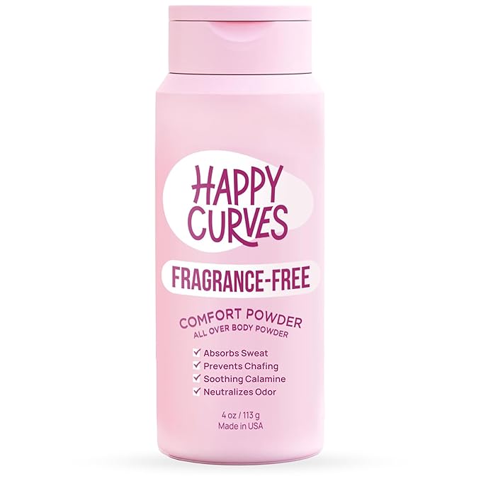HAPPY CURVES Comfort Powder: Talc Free Anti Chafe Body & Foot Dusting Powder Deodorant to Control Inner Thigh Chafing, Private Areas, and All Over Body for Women (4 Ounce (Pack of 1), Fragrance-Free)