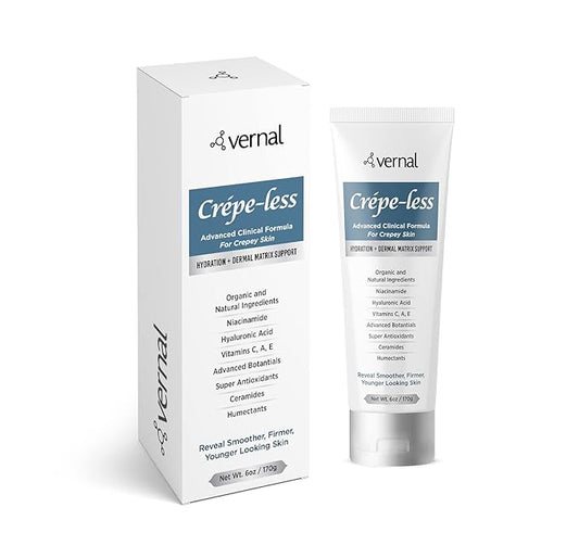 Vernal Crepe-less skin firming cream to reduce crepey arms, neck & hands. Organic tightening cream to reduce thin dry wrinkled skin. Best moisturizer to treat dry thin arms. Made in USA (6 Oz)