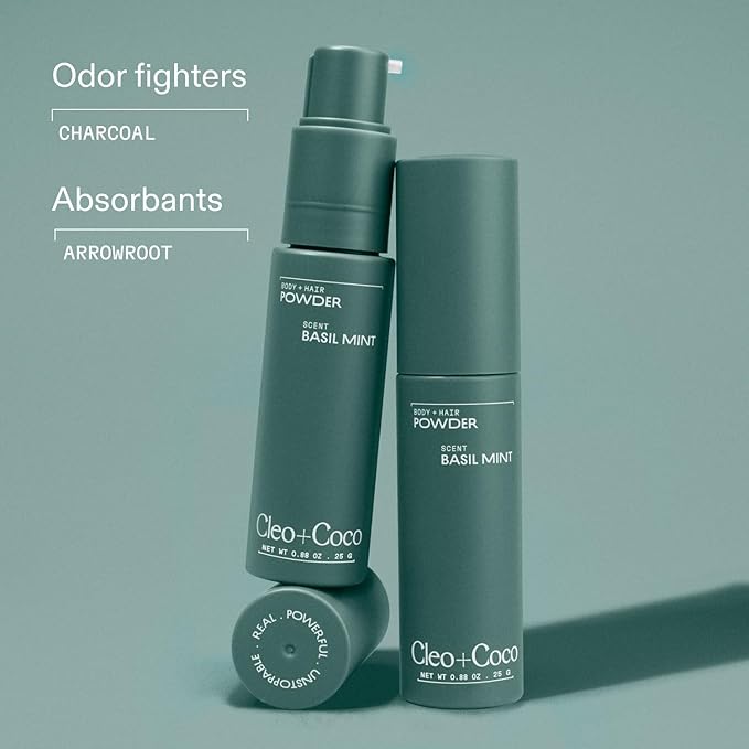 Cleo + Coco. Deodorant Powder for Body and Hair, Basil Mint (0.88 oz), 2-in-1 Deo Powder & Dry Shampoo for Women & Men, Aluminum Free Deodorant, Talc-Free, Anti Chafe Protector, Travel-Size