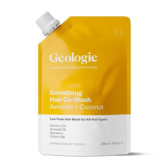 Geologie Smoothing Hair Co-Wash | 4-in-1 Hair Cleanser, Conditioner, Mask & Serum | Avocado Oil, Coconut Oil, Squalane & Vitamin B5 Formula For Men & Women | Eco-Friendly Pouch 84% Less Plastic