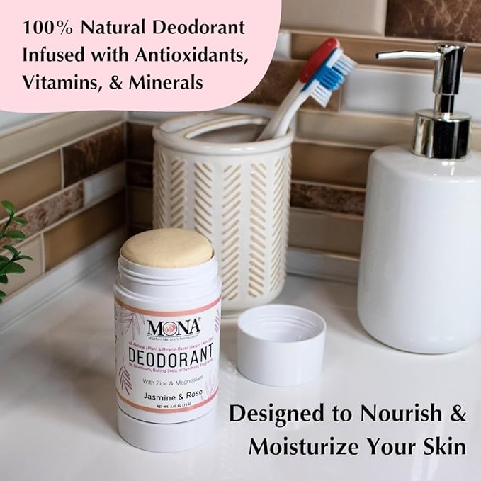 MONA BRANDS All Natural Magnesium Deodorant for Women & Men | Aluminum, Baking Soda, & Synthetic Fragrance Free for Sensitive Skin (Jasmine Rose) 2.65oz