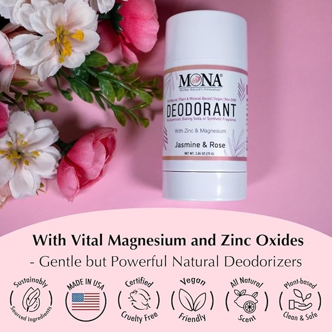 MONA BRANDS All Natural Magnesium Deodorant for Women & Men | Aluminum, Baking Soda, & Synthetic Fragrance Free for Sensitive Skin (Jasmine Rose) 2.65oz