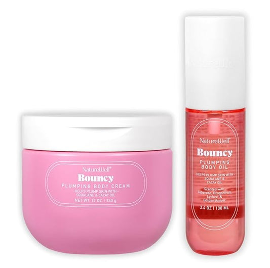 NATURE WELL Bouncy Plumping Body Oil & Body Cream Bundle, Fast-Absorbing, Designed to Support Skin Elasticity, Smoothness, & Bounce, Scented with Tuberose, Dragonfruit, Lychee & Golden Amber