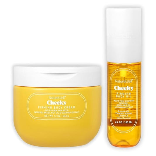 NATURE WELL Cheeky Firming Body Oil & Body Cream Bundle, Luxuriously Glowy, Fast-Absorbing, Designed to Nourish, Firm & Smooth Skin, Scented with Pistachio, Almond, Coconut, & Salted Caramel
