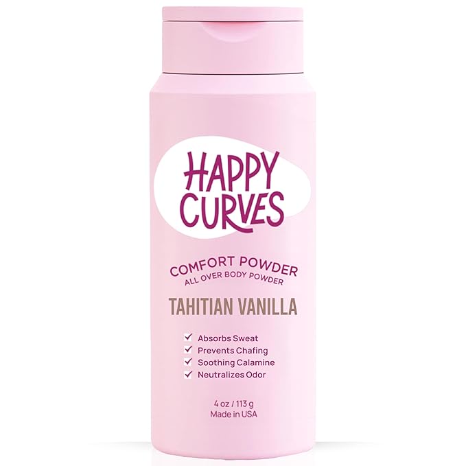 HAPPY CURVES Comfort Powder: Talc Free Anti Chafe Body & Foot Dusting Powder Deodorant for Inner Thigh Chafing, Private Areas, and All Over Body for Women (4 Ounce (Pack of 1), Tahitian Vanilla)