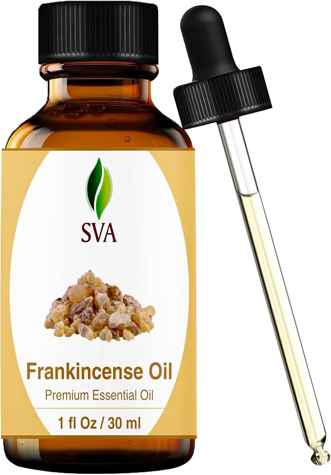 SVA Frankincense Essential Oil – 1 Fl Oz – 100% Natural Boswellia Carterii Oil - for Diffuser, Hair Care, Face, Skin Care, Aromatherapy, Scalp and Body Massage, Soap and Candle Making – with Dropper