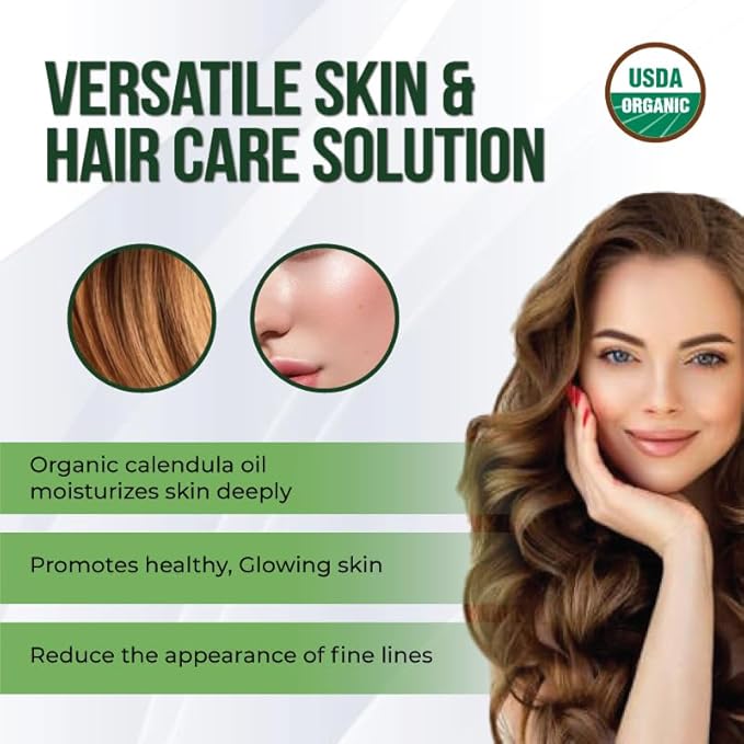 uh*Roh*Muh USDA Certified Organic Calendula Oil for Skin - 100% Pure Natural Calendula Essential Oil for Face - Organic Oils for Hair Health, Body Lotions, Soaps & Moisturizer - 16 Fl Oz