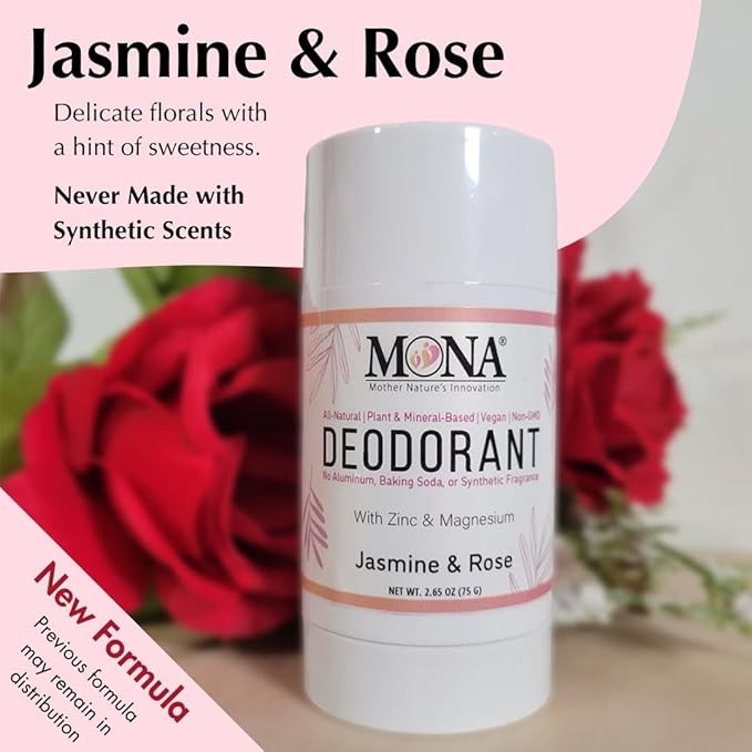 MONA BRANDS All Natural Magnesium Deodorant for Women & Men | Aluminum, Baking Soda, & Synthetic Fragrance Free for Sensitive Skin (Jasmine Rose) 2.65oz