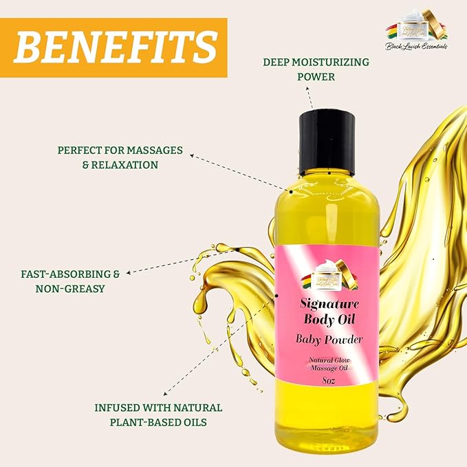 Baby Powder Signature Body Oil, Natural Glow Massage Oil for Soft Rejuvenated Skin, Vitamin E, Natural Oil for Dry Skin Moisturization (Baby Powder, 8 oz)