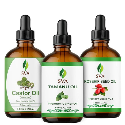 SVA Tamanu Oil, Castor Oil & Rosehip Oil 4oz Bundle Super Saver Combo – Premium Grade Bundle Set for Hair Oiling, Scalp Massage, Hair Care, Face, Skin Care and Body Massage