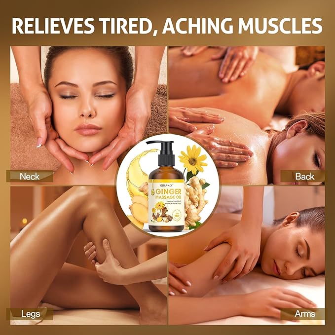 Ginger Oil,Ginger Massage Oil with Arnica for Lymphatic Drainage, Belly Drainage & Sore Muscle Relief,Natural Body Oil for Skin, Warming Spa Massage & Relaxation Therapy