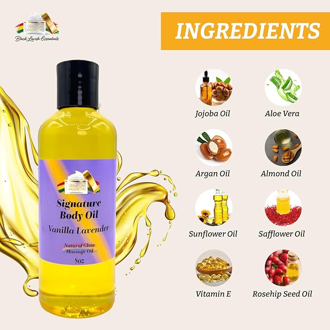 Vanilla Lavender Signature Body Oil, Natural Glow Massage Oil for Soft Rejuvenated Skin, Vitamin E, Natural Oil for Dry Skin Moisturization (Vanilla Lavender, 8oz)