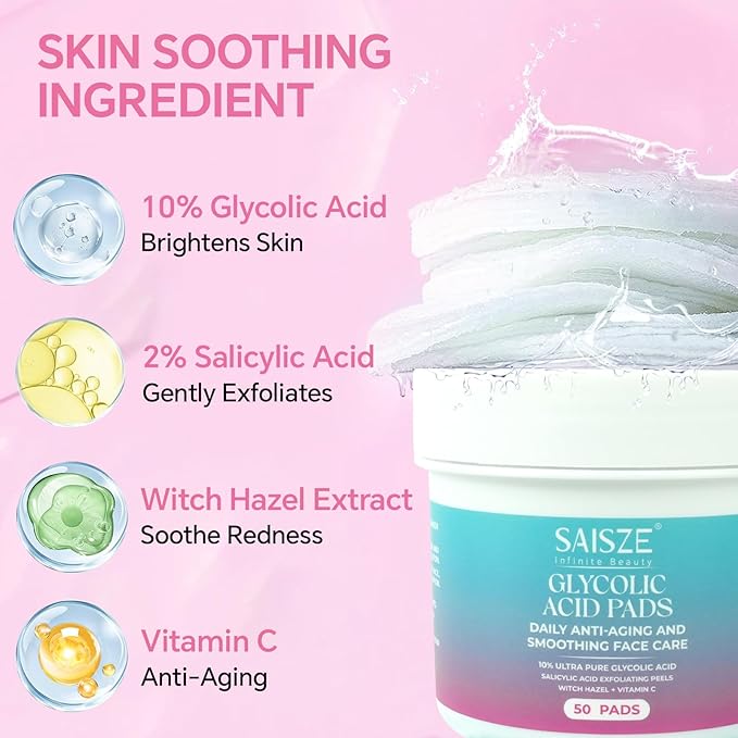 Glycolic Acid Pads for Face, Exfoliating Pads for Facial Radiance with Salicylic Acid, 50 Count