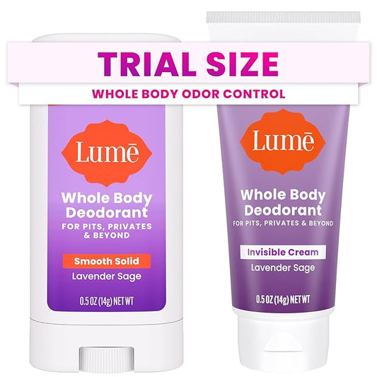 Lume Whole Body Deodorant - Invisible Cream + Solid Stick Mini Bundle - 72 Hour Odor Control - Aluminum & Baking Soda Free, Skin Loving - 0.5 Ounce Each - Travel, Trial Size Minis (Lavender Sage)