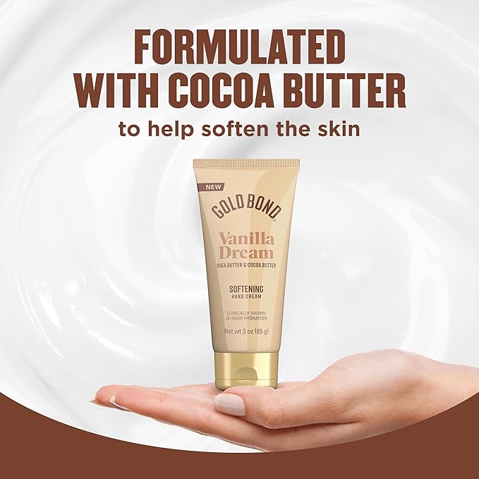 Gold Bond Vanilla Dream Softening Hand Cream, Luxurious Everyday Hand Cream with Shea Butter to Help Boost Skin Moisture and Cocoa Butter to Help Soften Skin, Warm Vanilla Dream Scent, 3 oz, 4 pk