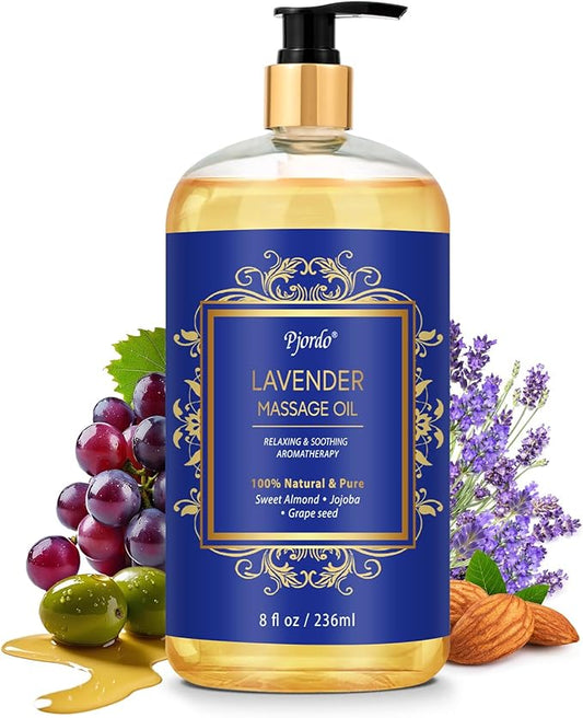 Aromatherapy Lavender Massage Oil for Calming, Soothing & Relaxing, Natural Body Massage Oil for Massage Therapy with Jojoba & Sweet Almond, No Stain & Non-Sticky, Spa Gift for Her Him