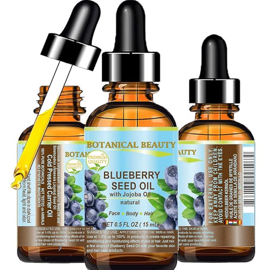 Botanical Beauty BLUEBERRY SEED OIL Virgin Unrefined Cold-Pressed Carrier Oil 0.5 Fl.oz.- 15 ml for Face, Dry Skin, Body, Hair, Nails, Anti-Aging Moisturizer