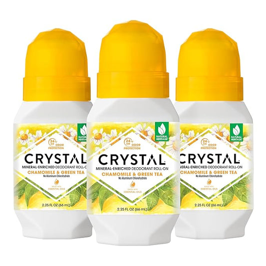 CRYSTAL Mineral Deodorant Roll-On- Body Deodorant With 24-Hour Odor Protection, Non-Staining & Non-Sticky Deodorant with Chamomile & Green Tea, Aluminium Chloride & Paraben Free, 2.25 FL OZ - 3 Pack