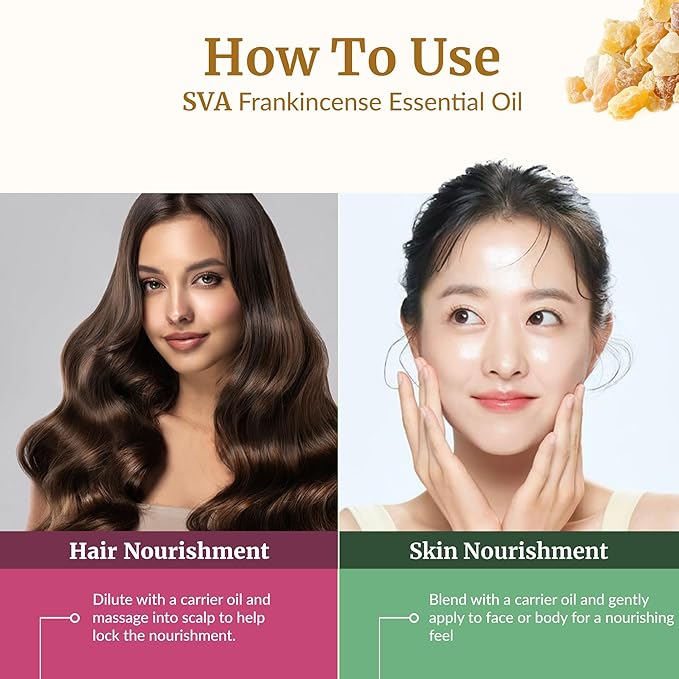 SVA Frankincense Essential Oil – 1 Fl Oz – 100% Natural Boswellia Carterii Oil - for Diffuser, Hair Care, Face, Skin Care, Aromatherapy, Scalp and Body Massage, Soap and Candle Making – with Dropper