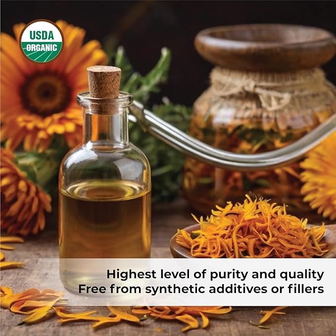 uh*Roh*Muh USDA Certified Organic Calendula Oil for Skin - 100% Pure Natural Calendula Essential Oil for Face - Organic Oils for Hair Health, Body Lotions, Soaps & Moisturizer - 8 Fl Oz