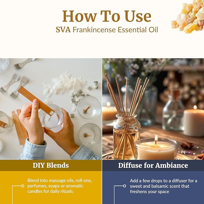 SVA Frankincense Essential Oil – 1 Fl Oz – 100% Natural Boswellia Carterii Oil - for Diffuser, Hair Care, Face, Skin Care, Aromatherapy, Scalp and Body Massage, Soap and Candle Making – with Dropper