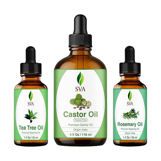 SVA Castor Oil 4oz, Tea Tree Essential Oil 1oz and Rosemary Essential Oil 1oz Bundle Super Saver Combo – Premium Grade Value Set for Scalp Massage, Hair Care, Skin Care, Body Massage and Aromatherapy