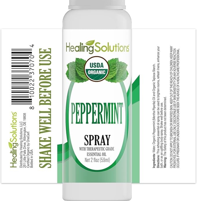 Healing Solutions - Peppermint Essential Oil Spray, (2 oz) USDA Certified Organic Aromatherapy Room & Linen Spray, Pillow & Bedding Mist, Shower Steam, Natural Peppermint Air Freshener