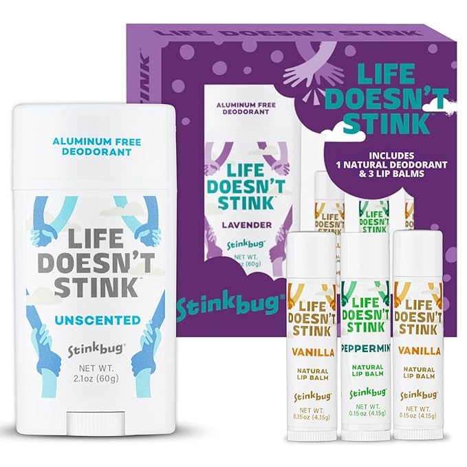 Stinkbug Naturals Organic Aluminum Free Deodorant Stick with Lip Balm, Jojoba Oil, Coconut Oil and Cocoa Butter (Includes 1 Natural Unscented Deodorant 2.1oz & 3 Lip balms 0.15oz)