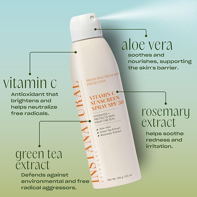 InstaNatural Skin Care Vitamin C SPF 50 Broad Spectrum Sunscreen Spray, Brightens & Hydrates, UVA, UVB Sun Protection Sunblock, with Aloe Vera & Botanicals, Aerosol Bottle, 5.5 Fl Oz
