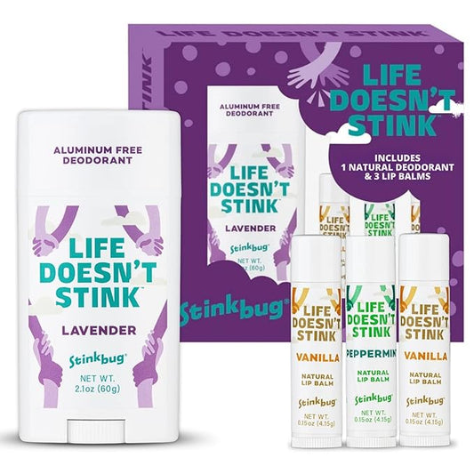 Stinkbug Naturals Organic Aluminum Free Deodorant Stick with Lip Balm, Jojoba Oil, Coconut Oil and Cocoa Butter (Includes 1 Natural Lavender Deodorant 2.1oz & 3 Lip balms 0.15oz)