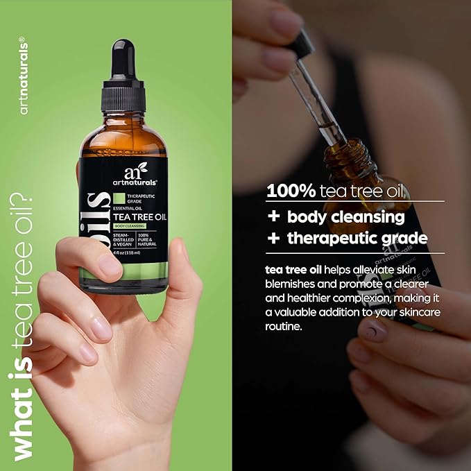 artnaturals Tea Tree Essential Oil (4.0 Fl Oz / 118ml)- 100% Pure Oils Premium Melaleuca Therapeutic Grade Best for Acne, Skin, Hair, Nails, Face and Body Wash Aromatherapy & Diffuser