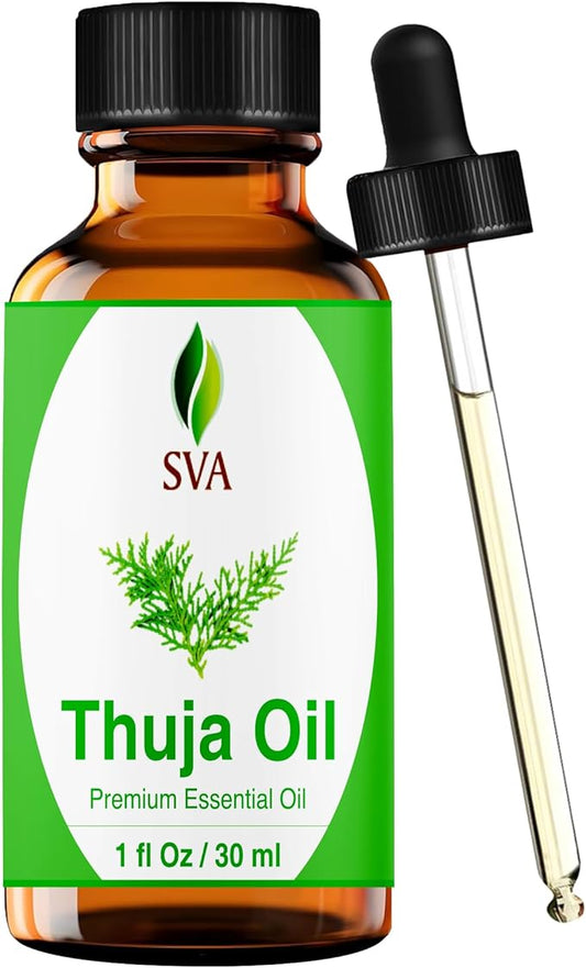 SVA Thuja Essential Oil – 1 Fl Oz – 100% Natural Thuja Oil - for Diffuser, Hair Care, Face, Skin Care, Aromatherapy, Scalp and Body Massage, Soap and Candle Making - with Dropper