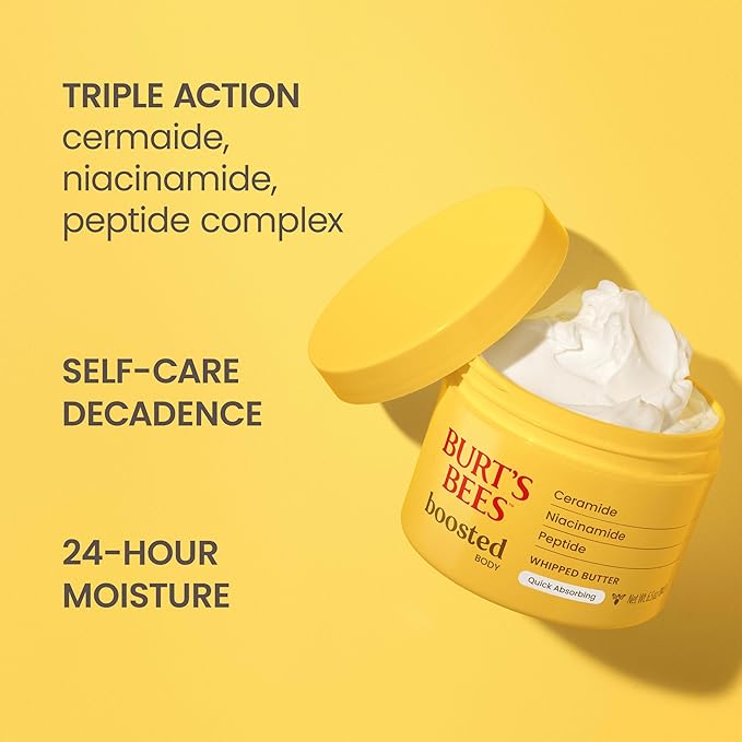 Burt's Bees Boosted Body Whipped Butter With a Ceramide, Niacinamide and Peptide Complex, Quick-Absorbing Body Butter Helps Support Skin Barrier, Tropical Scented, 6.5 oz. Jar