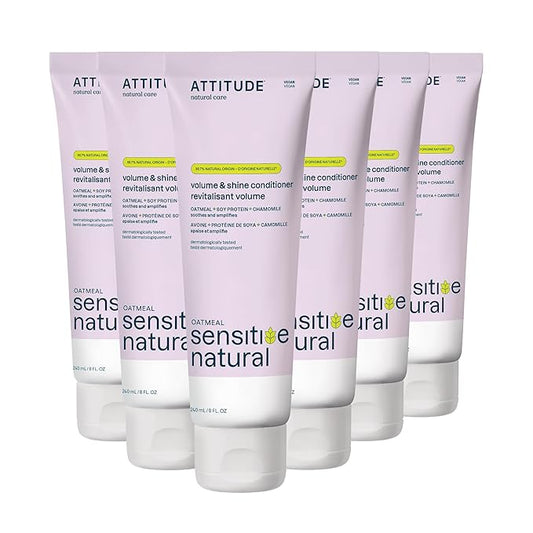 ATTITUDE Hair Conditioner for Sensitive Dry Scalp, For Thin Hair, Soothing Oat, Naturally Derived Ingredients, Dermatologically Tested, Vegan Detangler, Volume and Shine, 8 Fl Oz (Pack of 6)