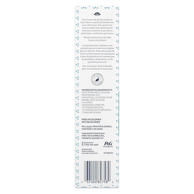 Ivory Gentle Bath Bar Soap, Family Pack, Designed for Whole Family, 99.44% Pure Formula w/ Plant-Based Cleansers, Made Without Heavy Perfumes, Parabens or Phthalates, Original Scent, 4.0 oz (10 Count)