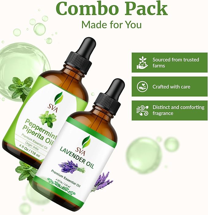 SVA Lavender Essential Oil & Peppermint Essential Oil 4oz Bundle Super Saver Combo – Premium Grade Bundle Set for Aromatherapy, Hair Care, Scalp Massage, Skin Care, Candles, Soaps and Diffuser