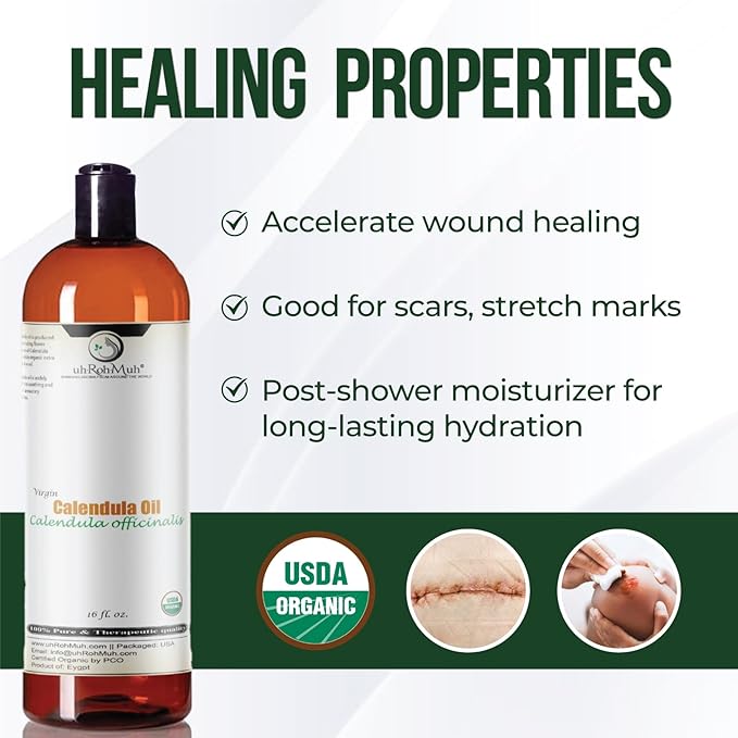 uh*Roh*Muh USDA Certified Organic Calendula Oil for Skin - 100% Pure Natural Calendula Essential Oil for Face - Organic Oils for Hair Health, Body Lotions, Soaps & Moisturizer - 16 Fl Oz