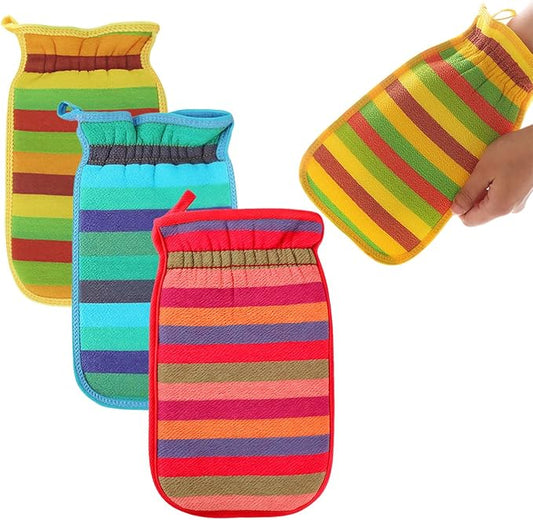 Exfoliating Shower Gloves, Body Wash Gloves, Body Exfoliator Scrubber, for Dead Skin Removal,Home Bath Spa Remover (3 Pack Colorful Striped) Unisex Family