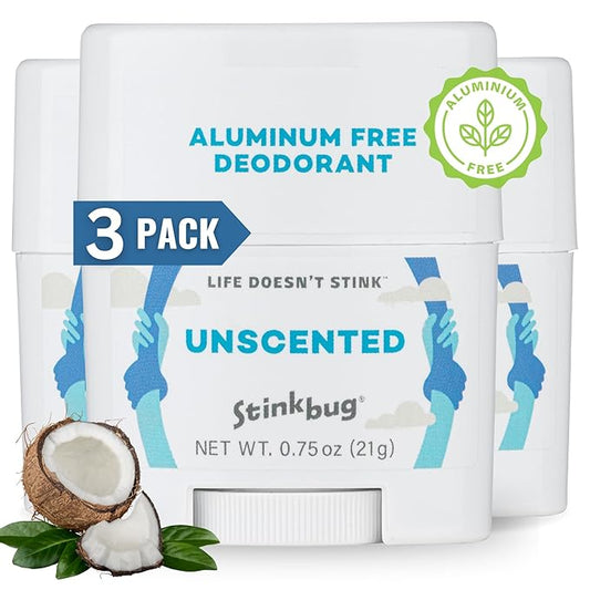 Stinkbug Naturals Aluminum Free Organic Travel Size Deodorant Stick with Unscented, Coconut Oil, Paraben Free, Sensitive Skin Deodorant, 0.75 Ounce Pack of 3