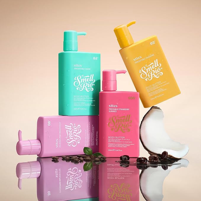 Sttes Body Butter 02# (Irresistible Sunshine) – 250ml Pistachio, Almond, Vanilla & Salted Caramel Scent – Fast-Absorbing Firming Body Cream with Coconut & Jojoba Oils, Caffeine