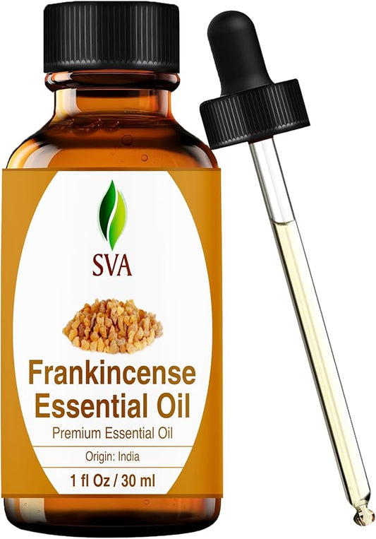 SVA Frankincense Essential Oil – 1 Fl Oz – 100% Natural Boswellia Serrata Oil - for Diffuser, Hair Care, Face, Skin Care, Aromatherapy, Scalp and Body Massage, Soap and Candle Making - with Dropper