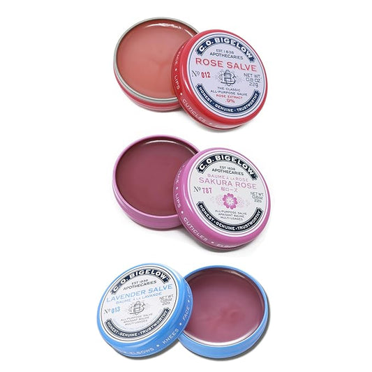 C.O. Bigelow Assorted Salve Tins, Pack of 3 Lip Balm Tins, Rose, Lavender, and Sakura Rose All Purpose Salve for Lips, Cuticles, Hands & Dry Skin, Lip Balm Set, 0.8 oz