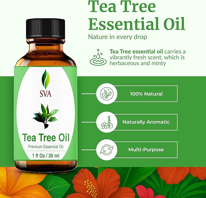 SVA Tea Tree Essential Oil – 1 Fl Oz – 100% Natural Tea Tree Oil - for Diffuser, Hair Care, Face, Skin Care, Aromatherapy, Scalp and Body Massage, Soap and Candle Making – with Dropper
