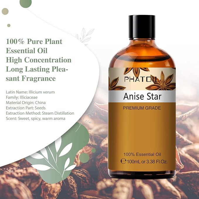 Anise Star 3.38fl.oz Essential Oil, PHATOIL Pure Aromatherapy Oils for Diffuser, Humidifier, Perfect for DIY Soap, Candle, Bath Bombs Making(100ml)