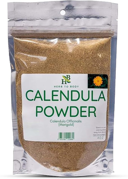 Herb To Body Calendula Powder – 4 oz, Wildcrafted Dried Marigold Flowers Powder for Calendula Tea, Body Care, and Edible Flowers Uses