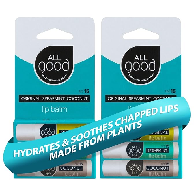 All Good Organic SPF15 Lip Balm - Hydrating Lip Care with Olive Oil, Beeswax, Calendula, Lavender, Vitamin E - Lip Moisturizer with Zinc Oxide Protection - Original, Spearmint & Coconut (6-pack)
