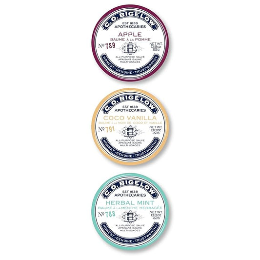 C.O. Bigelow Assorted Salve Tins, Pack of 3 Lip Balm Tins, Coco Vanilla, Apple, and Herbal Mint All Purpose Salve for Lips, Cuticles, Hands & Dry Skin, Lip Balm Set, 0.8 oz